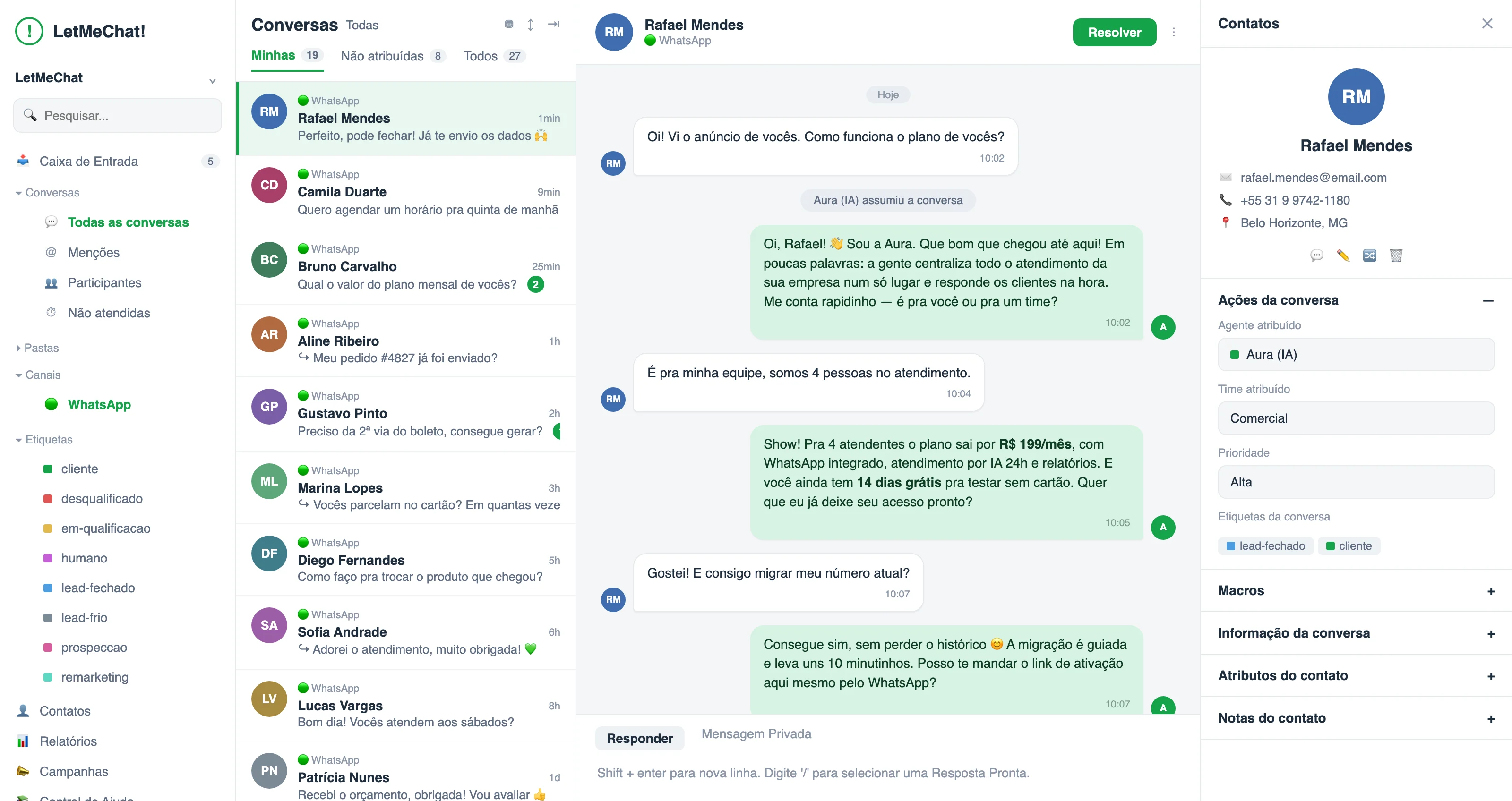 Caixa de entrada da LetMeChat com conversas de WhatsApp, Instagram e site