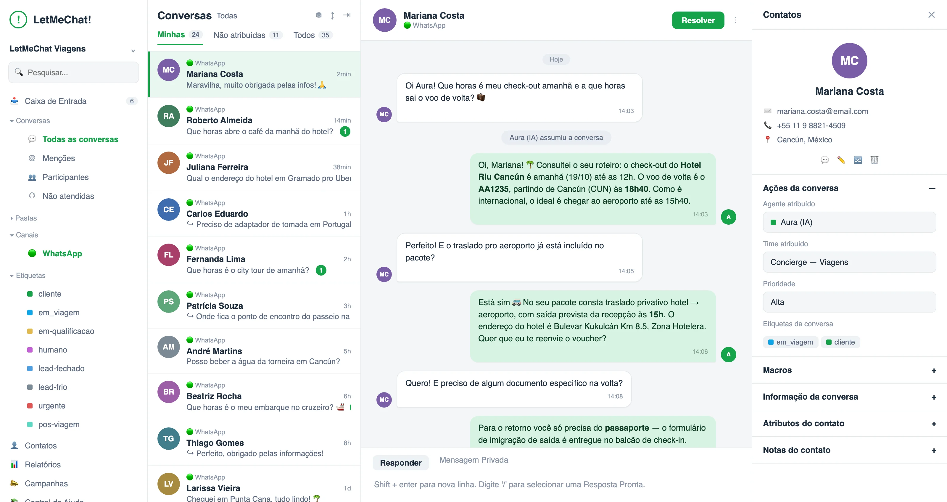 Painel do LetMeChat Viagens: a IA respondendo dúvidas de um viajante durante a viagem no WhatsApp